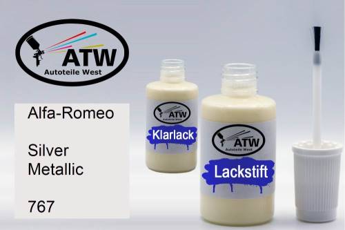 Alfa-Romeo, Silver Metallic, 767: 20ml Lackstift + 20ml Klarlack - Set, von ATW Autoteile West.